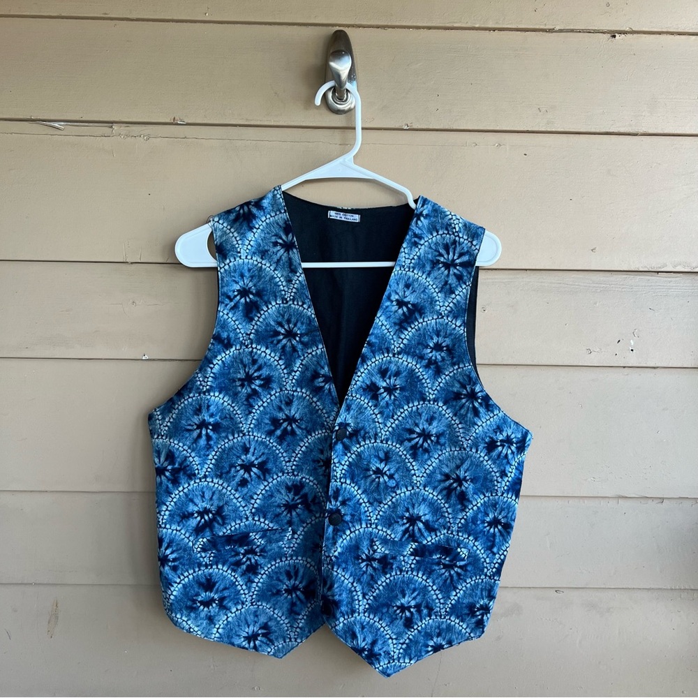 Vintage Blue 100% Cotton Tie Dye Shibori Vest Waistcoat Women Size M